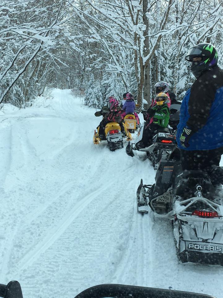 Group of snowmobilers riding a snowy tree-lined trail after fresh snowfall