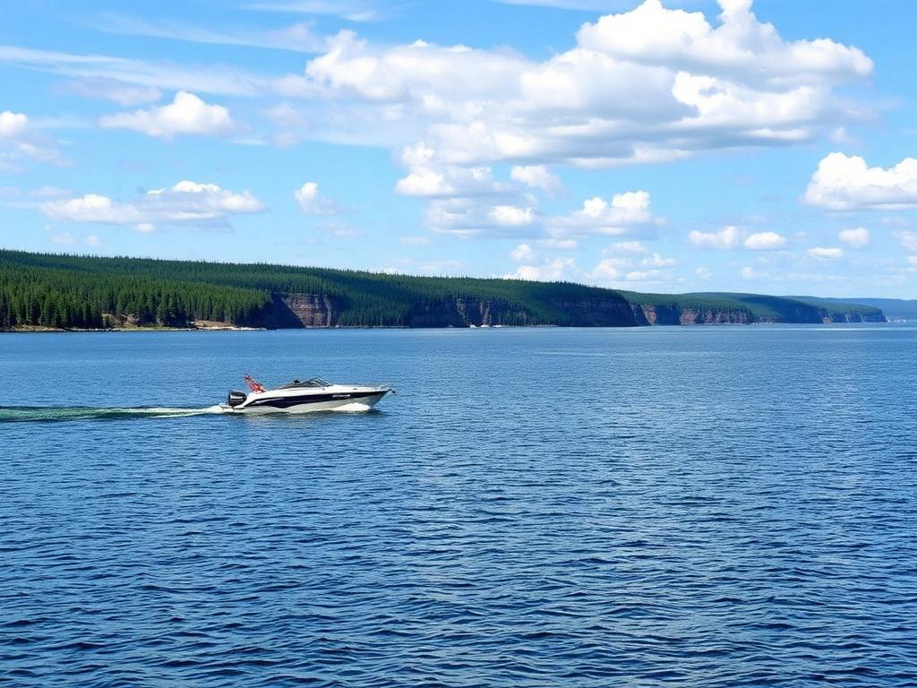 Motorboat cruising on blue Lake Superior with forested cliffs