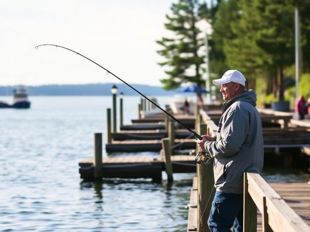 Fishing from a wooden dock on a calm Lake Superior morning