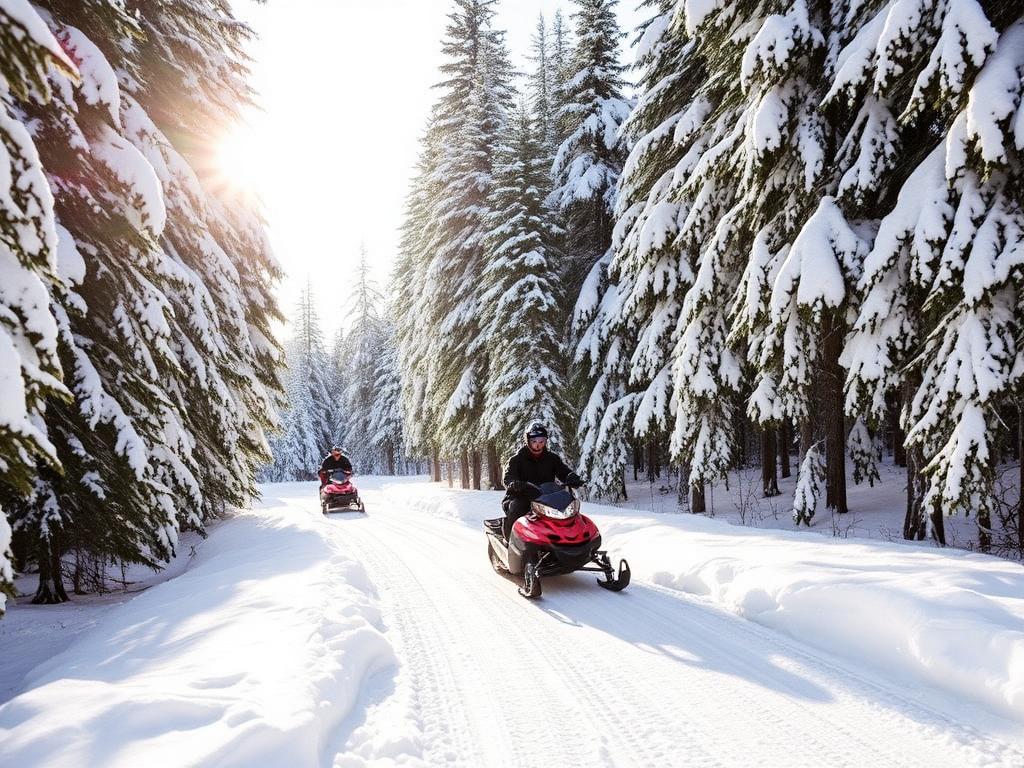 Snowmobiles on a groomed winter trail through snow-covered pines
